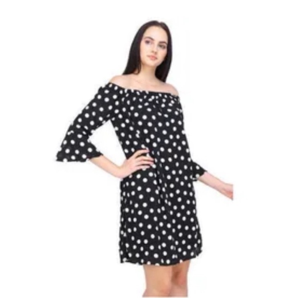 NWT City Streets Black White Polka Dots 3/4 Bell Sleeves Mini Dress - Picture 1 of 8